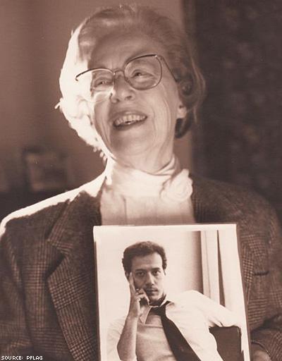 Jeanne Manford (1920 - 2013), proudly cradling the photo of her gay son, Monty.