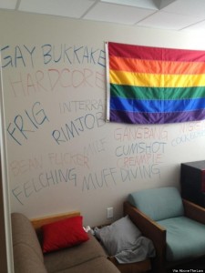 Crude sex slurs and homophobic hate scrawled in Boston College LGBTQ Center Office.