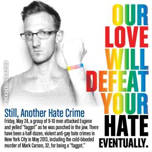 Graphic created by Memeographs Studio protesting the latest gay bashing victim in NYC, Eugene Lovendusky.