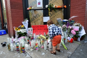 Makeshift shrine at the spot Mark Carson was shot to death in West Village.