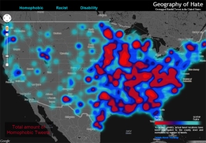Geography of homophobic Tweets in the USA in 2013 (source: The Atlantic Magazine).