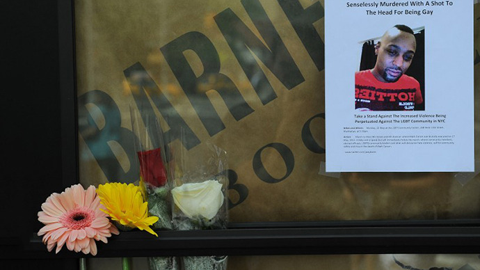 Makeshift shrine at the location of the murder of Mark Carson, 32, shot in the head for being gay, NYC, on May 20, 2013 (AFP photo).