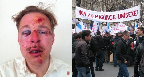 Paris victim Wilfred de Bruijn, "the face of homophobia in France," and French anti-gay marriage protestors.