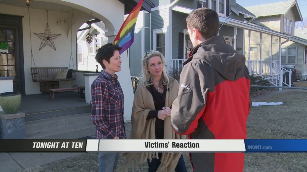 Lesbian spouses Ariann Anderson and Jess Meadows-Anderson speak with WOWT 6 reporter about their brush with hatred and flag burning in their quiet Omaha neighborhood. 